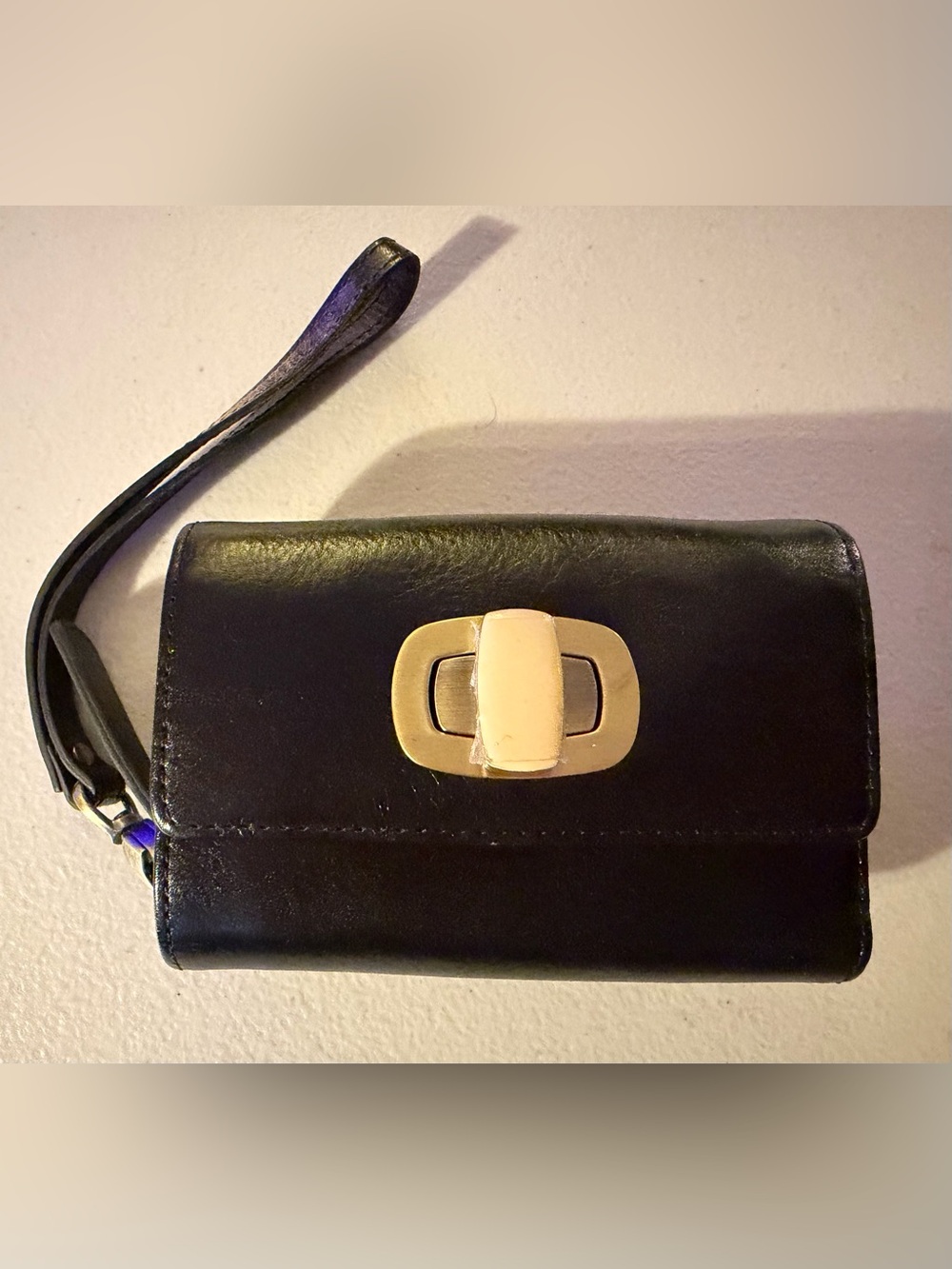 HOBO Black Leather Wristlet Phone Case with Gold and Cream Turn-Lock